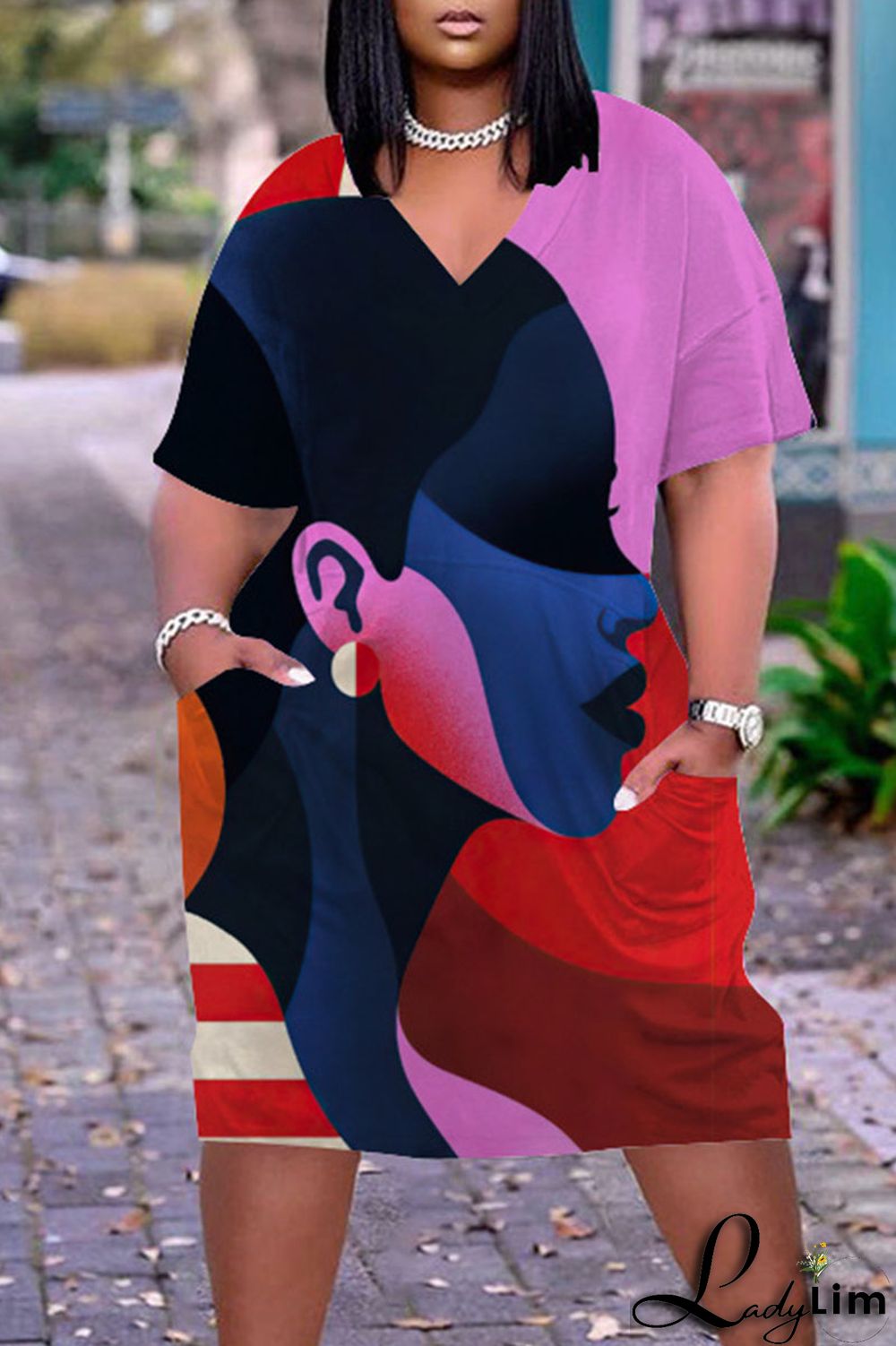 Beige Casual Street Print Patchwork V Neck Straight Dresses