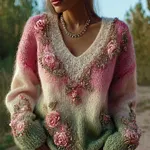 Vintage Boho Roses Embroidered Gradient Cozy Knit Sweater - Image 2