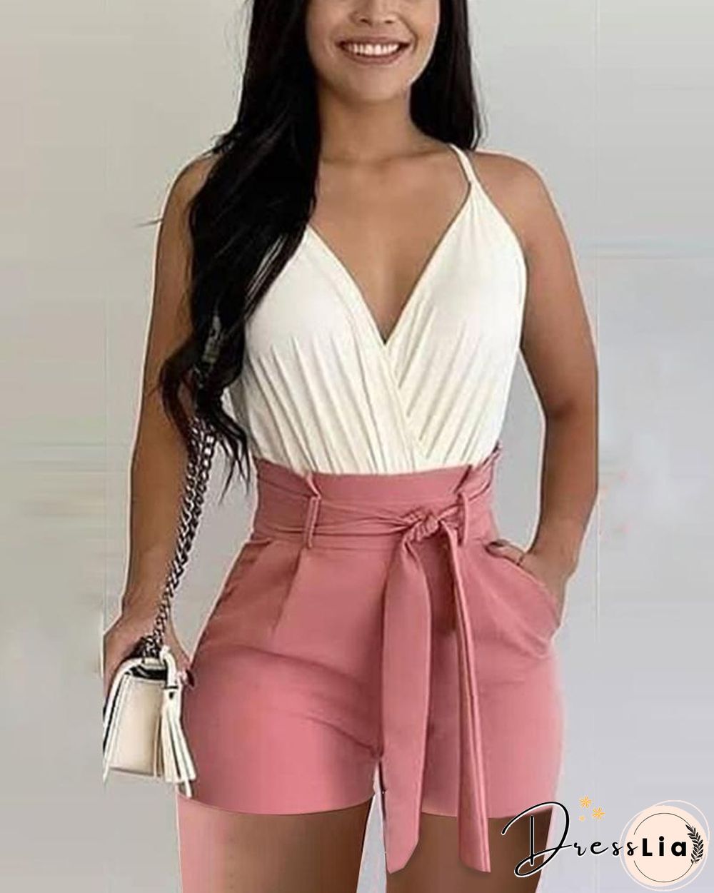 Solid Color V-Neck Sleeveless Belted Waist Shorts Suit Set