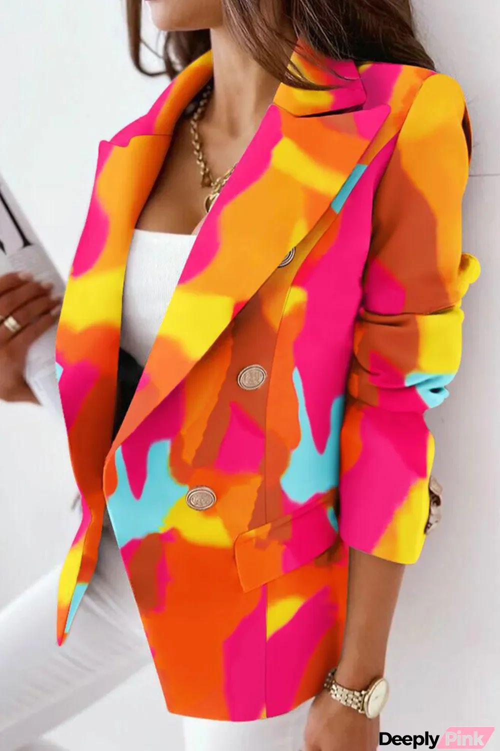 Orange Fashion Casual Print Patchwork Slit Turn-back Collar Outerwear
