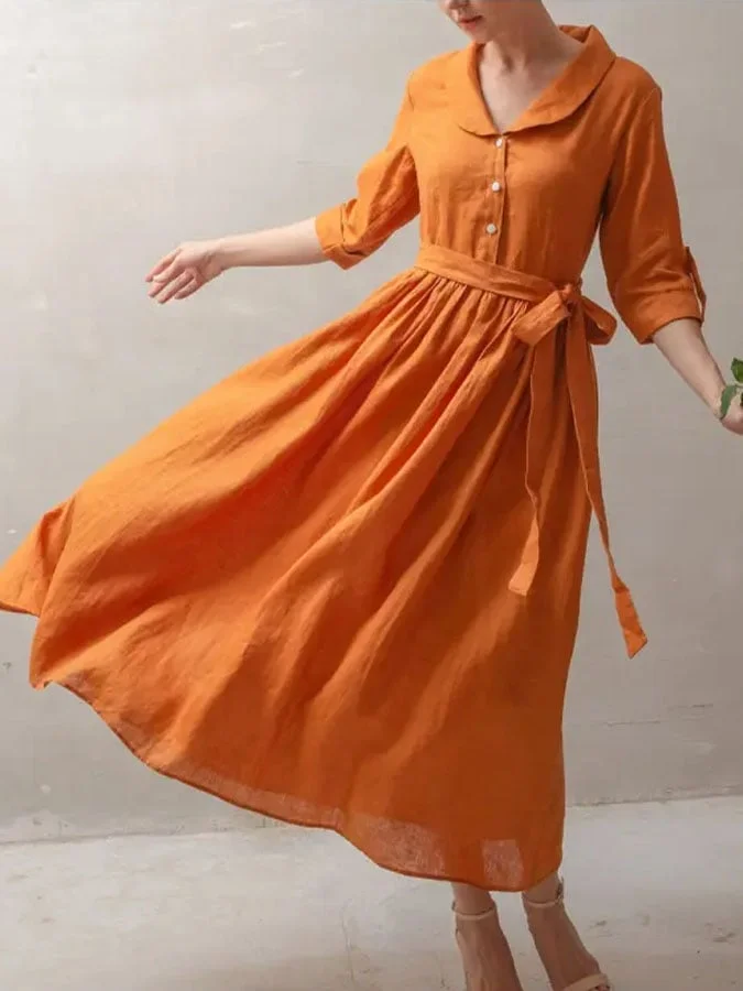 Women's Casual Solid Color Lapel Mid Sleeve Button Shirred A-Line Dress