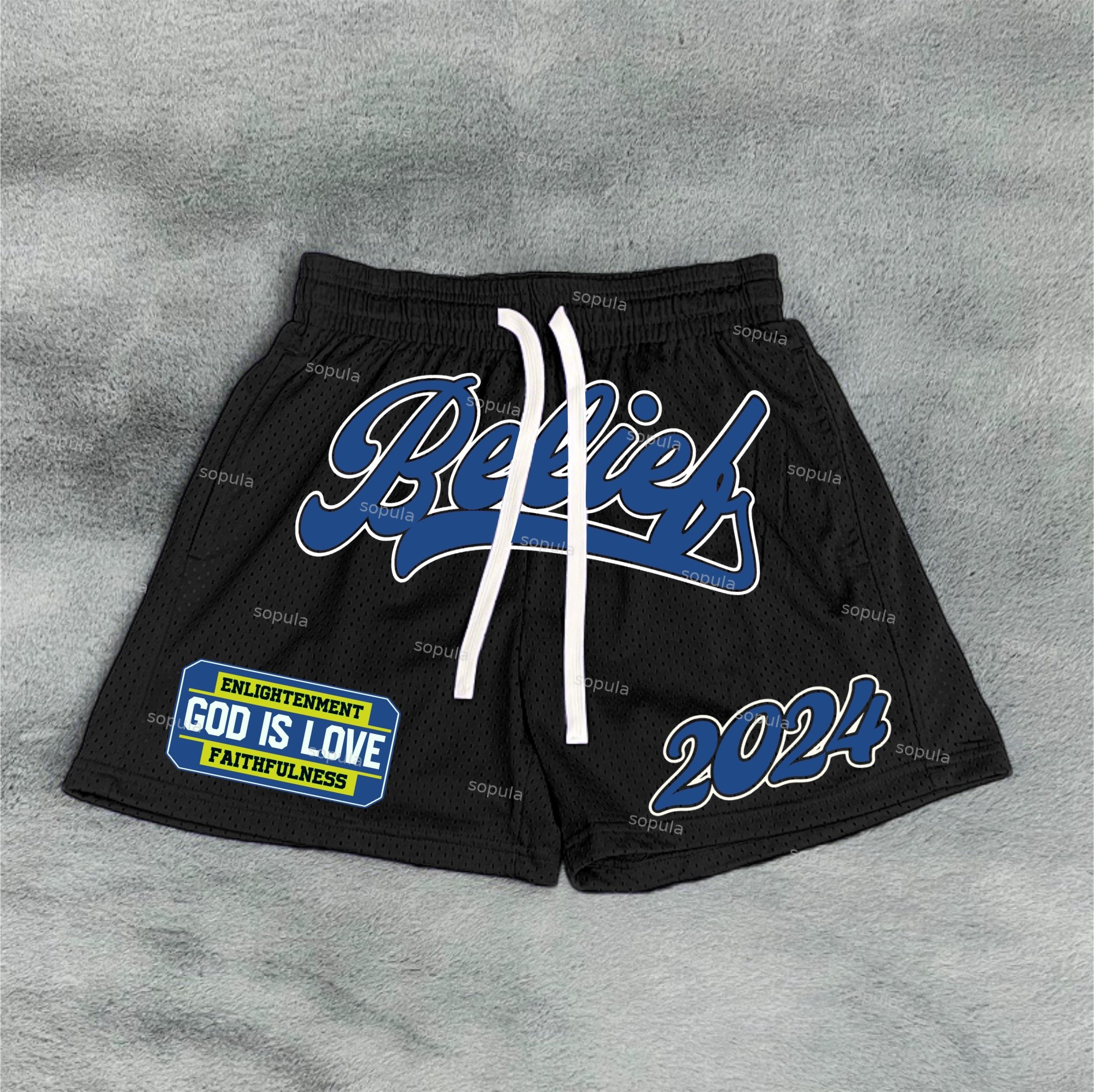 Street Vintage Mesh 2024-Belief In God Dot Printed Shorts - SOPULA