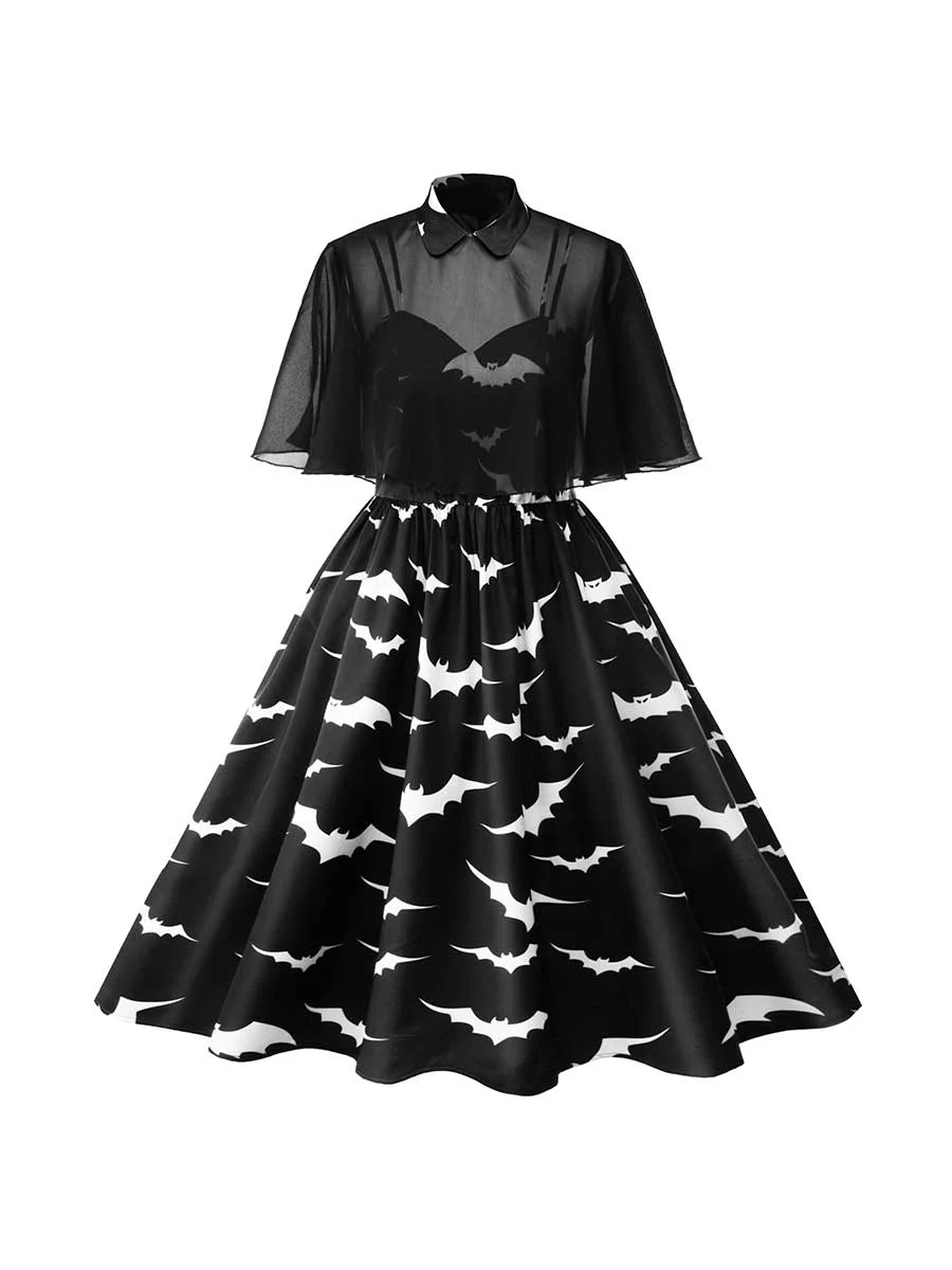 Swing Dress Vintage Bat Print Strap Shawl Dress