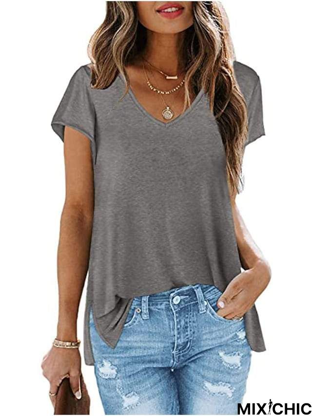 V Neck T Shirts for Women Loose Fit Soft Tops Basic Side Split Casual Summer Tees Green L