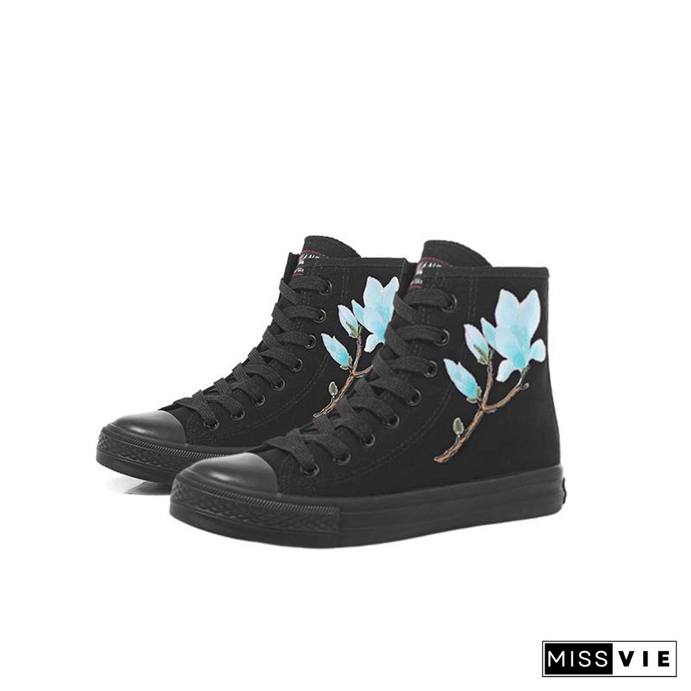 Vintage Blossom Embroidery Lace Up Zipper Canvas Shoes