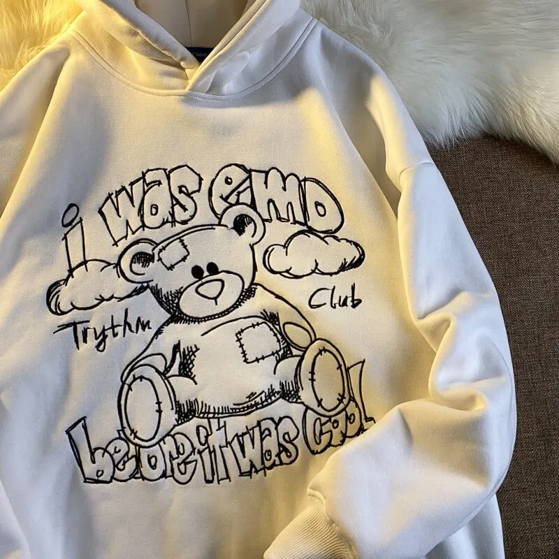 Uveng Embroidered Cartoon Bear Women's Hoodie 2021 New Cute Loose Coat Casual Plush Warm Sweatshirt Cotton Pullover