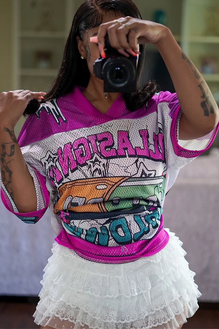 Letter Print V Neck Short Sleeve Colorblock Casual Top-Fuchsia