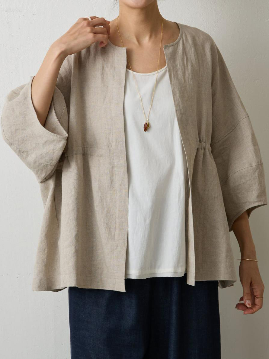 Three Quarter Sleeve Ruched Detail Solid Color Linen Coat