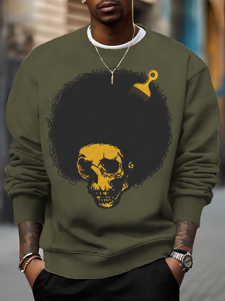 Men's Afro Skull Brush Art Print Casual Sweatshirt