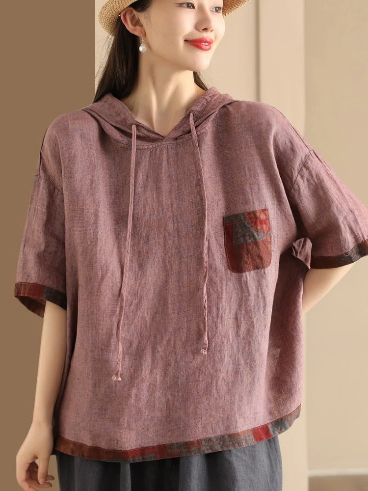 Vintage Spliced Mid-Sleeve Linen Hooded T-Shirt