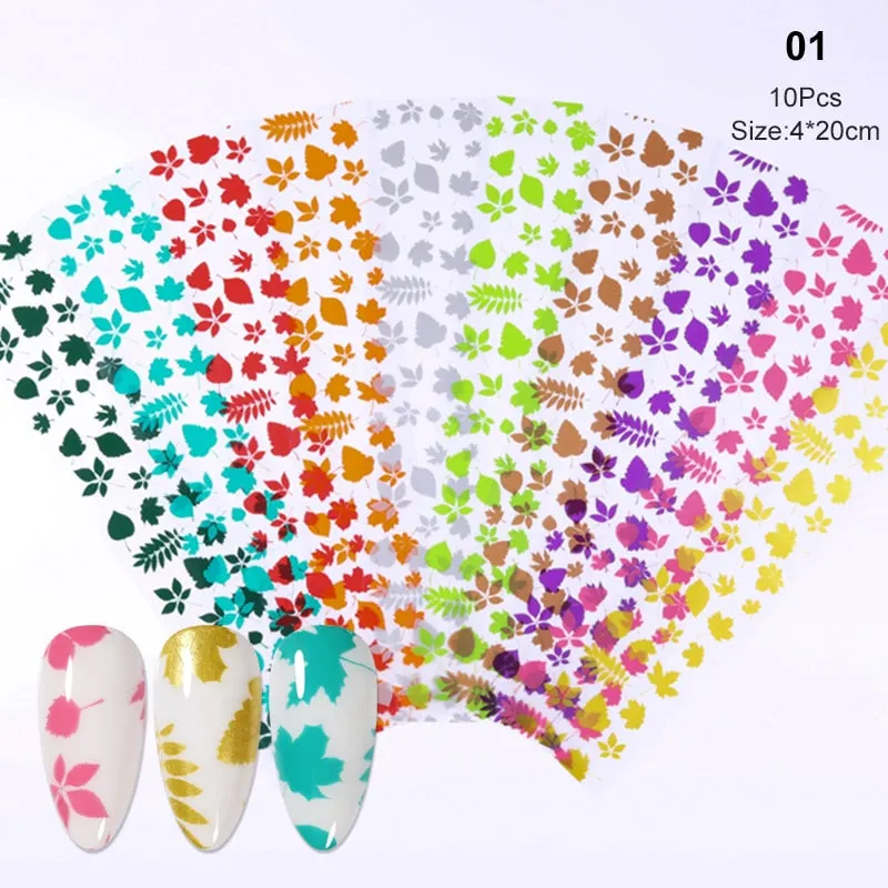 10Pcs/Set Colorful Nail Foil Stickers Mirror iridescent Effect Stickers Nail Art Transfer Foils Manicures Slider Decorations