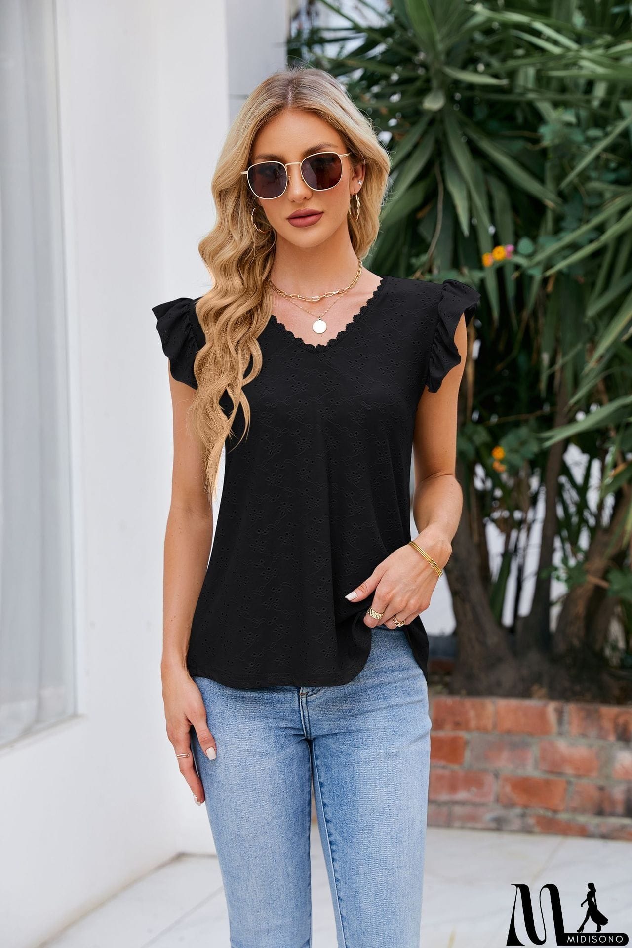 MidiSono - V-Neck Flutter Sleeve Eyelet Top