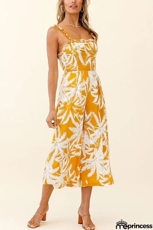 Palm Print Slip Wide Leg Jumpsuits