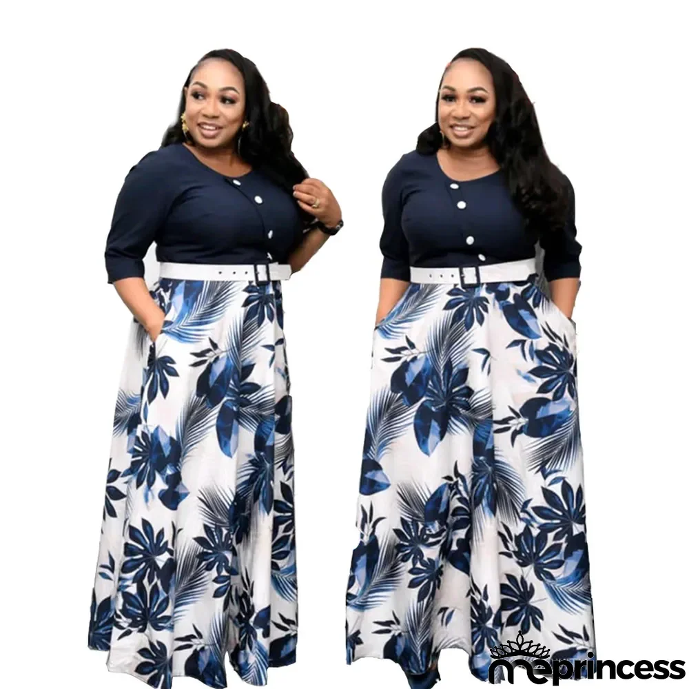 Africa Plus Size Women's Maxi Dress Casual Women's Knitting Round Neck A-Line Dress
