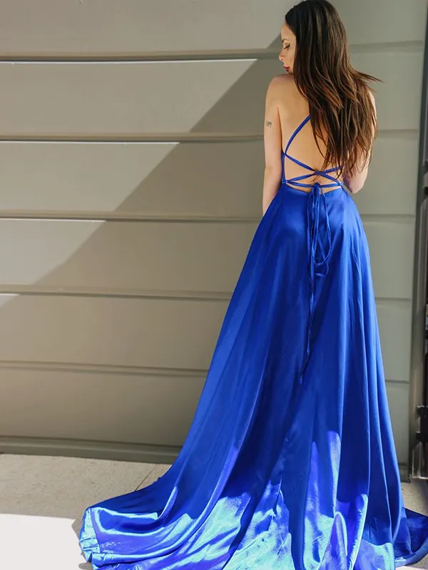 Double Straps Pleated Skirt Dress with Self-tie Royal Blue