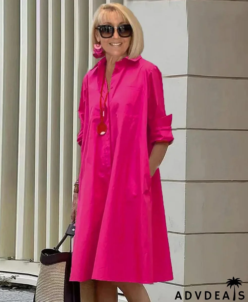 Spring-Summer New Type Fashion Temperament Shirt Collar Long Sleeve Pocket Mid-Length Dress