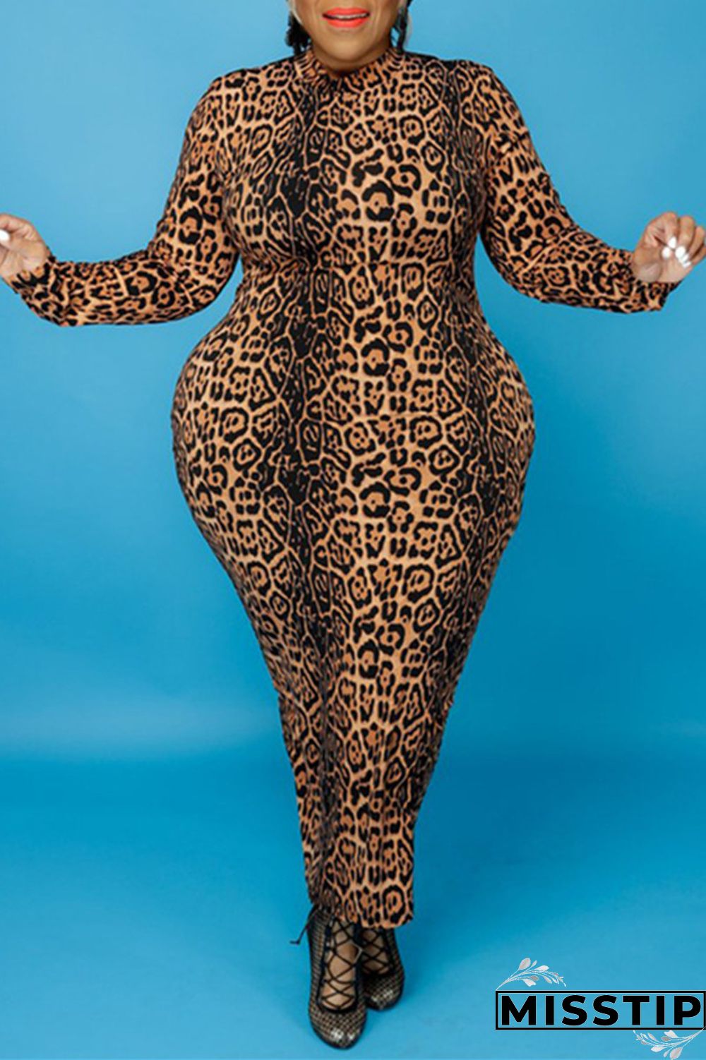 Multicolor Fashion Casual Print Basic O Neck Long Sleeve Plus Size Dresses