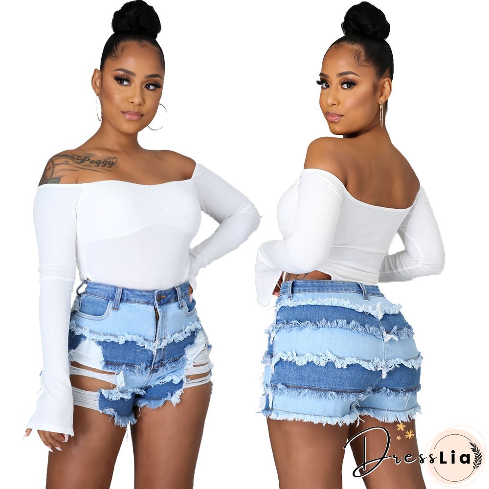 Summer Sexy Patchwork Women Ripped High Waist Holes Stretch Streetwear Plus Size Denim