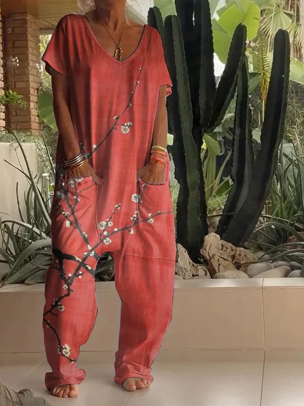 Vintage Plum Blossom Print V-neck Jumpsuit