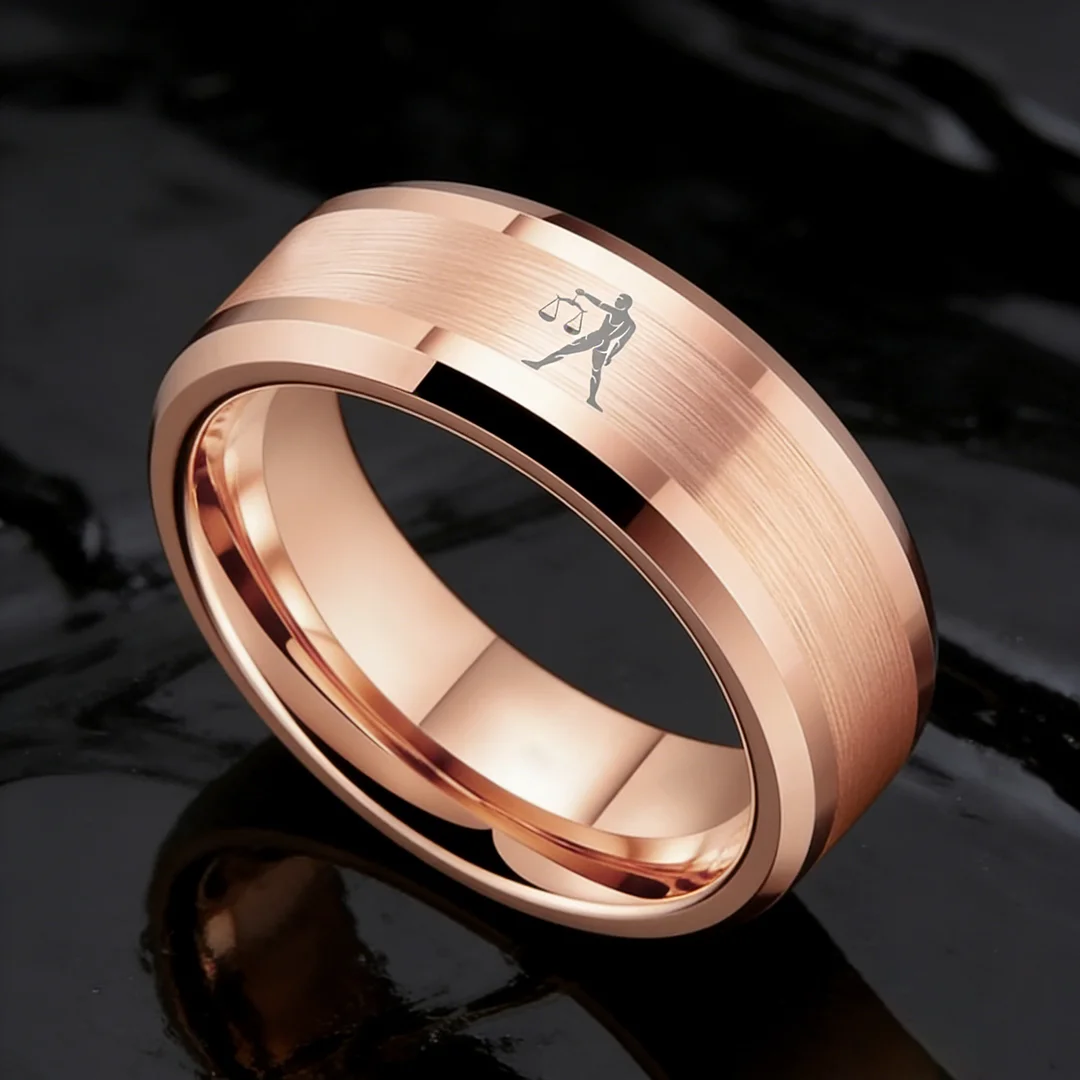 Rose Gold Libra Tungsten Carbide Ring Beveled Edges Rose Gold Laser Etched Couple Wedding Bands for Men and Women 4MM 6MM 8MM