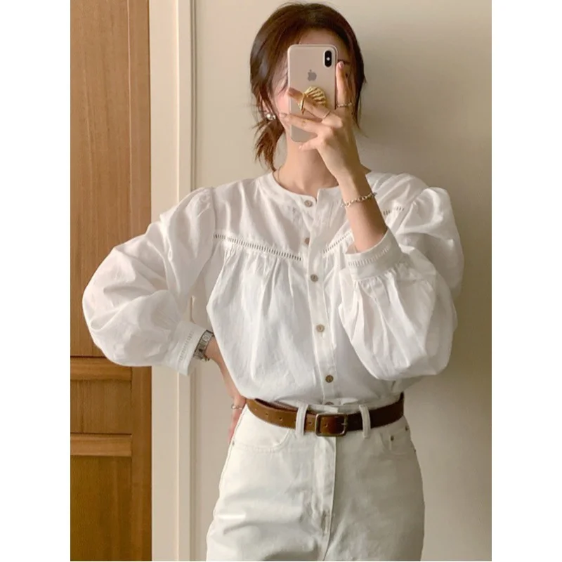 Brownm Brownm Korea Dongdaemun 2024 New Splicing Hollow Lace Shirt Women Spring And Autumn Pure Color Sweet Round Shirt