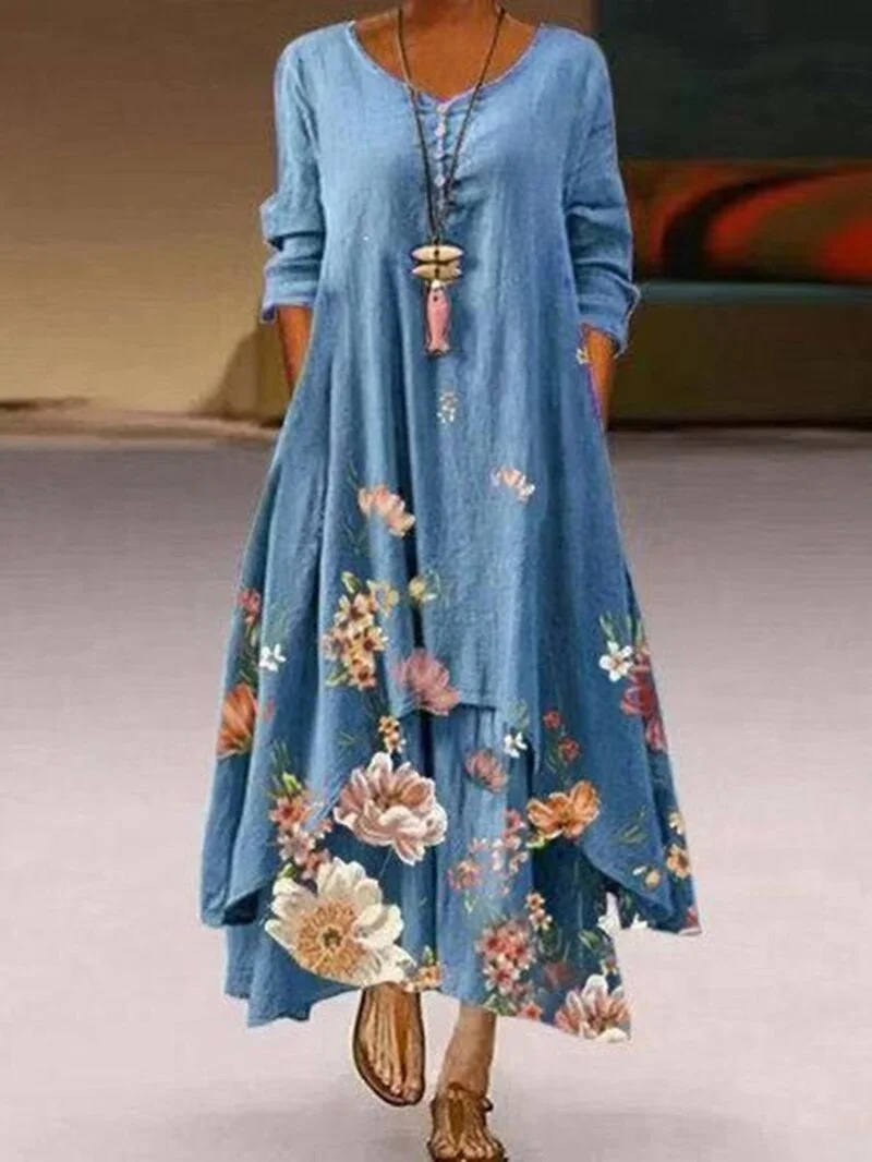 2021 Elegant Women Long Dress Summer Vintage Floral Print Crew Neck Maxi Dress Female Double Layers Long Sleeve Party Dress Robe