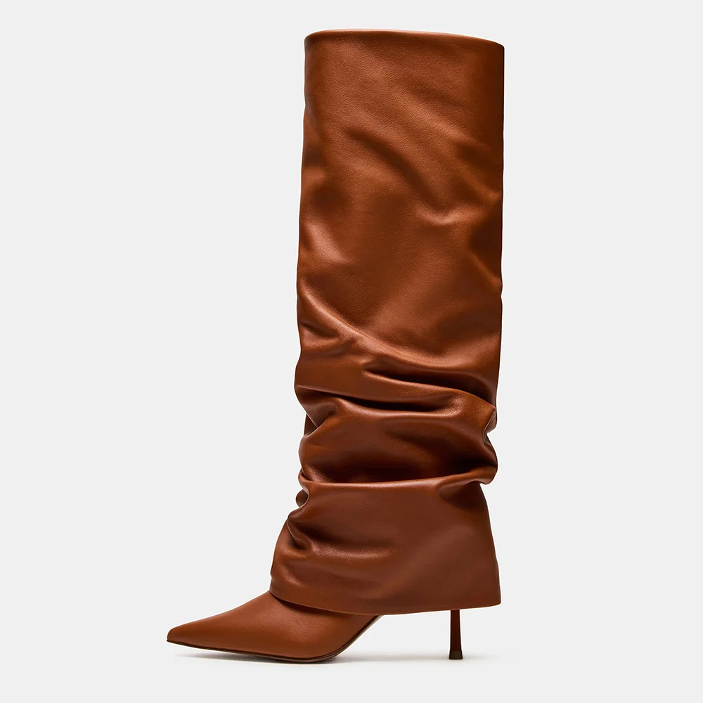 Tan Pointed Toe Stiletto Heel Fold Over Slouch Boots for Women
