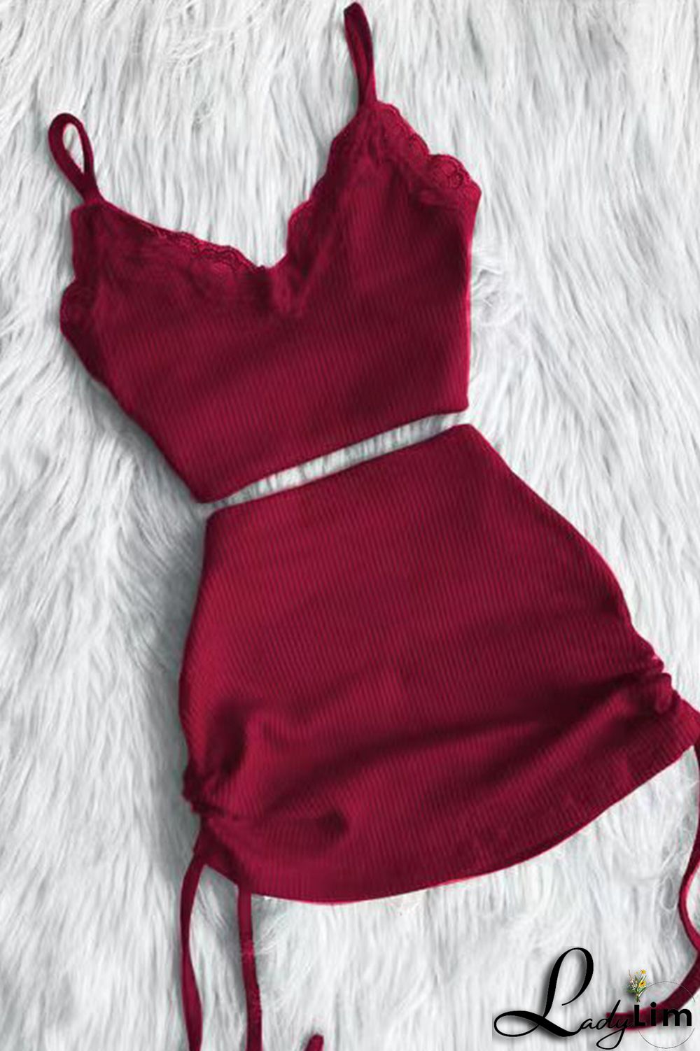 Burgundy Sexy Casual Solid Backless Spaghetti Strap Sleeveless Two Pieces