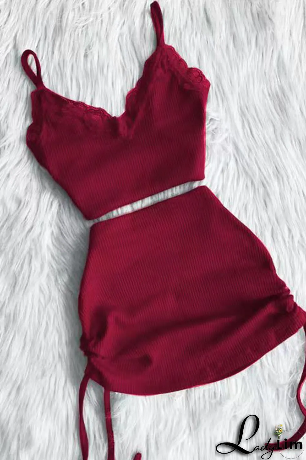 Burgundy Sexy Casual Solid Backless Spaghetti Strap Sleeveless Two Pieces