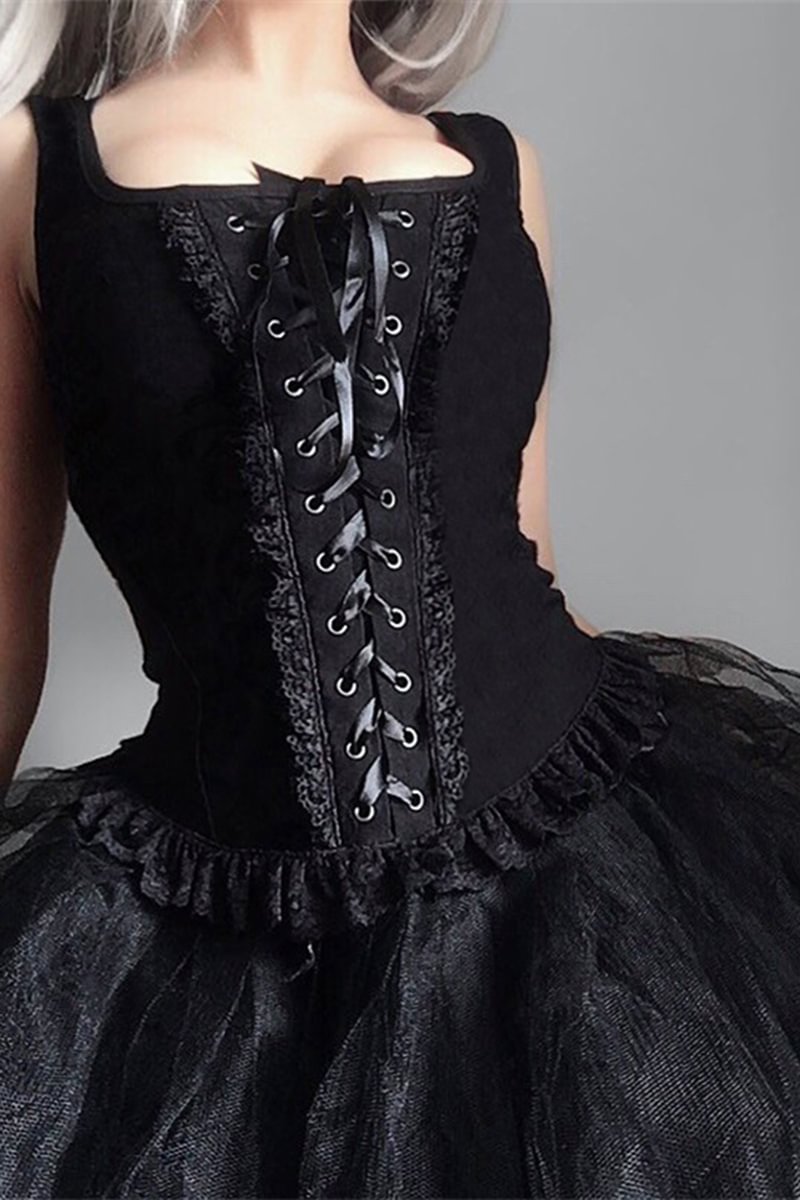 Gothic Black Casual Lace Up Cinched Waist Sleeveless Square Neck Lace Hem Blouse