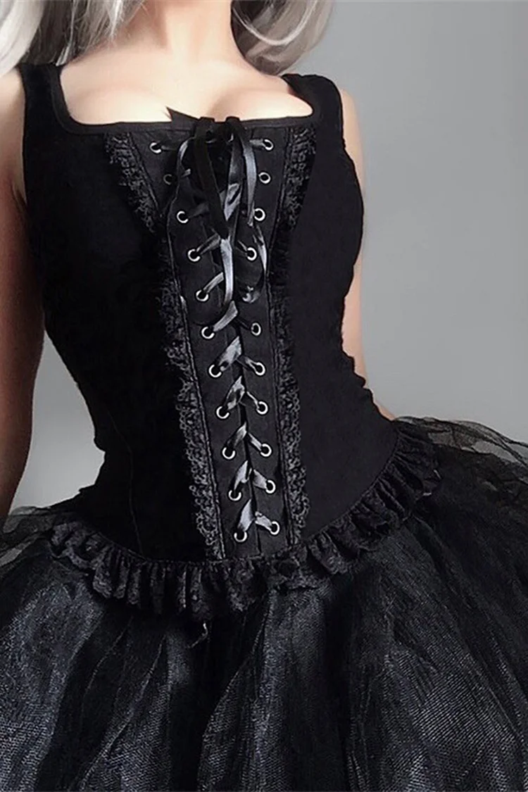 Gothic Black Casual Lace Up Cinched Waist Sleeveless Square Neck Lace Hem Blouse