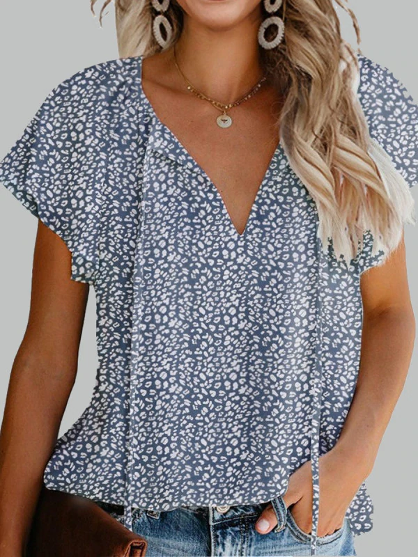 Mini Blue and White Print Flutter Sleeve Tie-Front Top