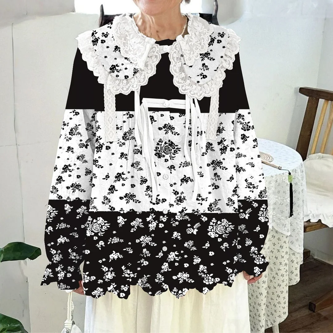 Women Printed Long Sleeve Round-neck  Cute Collar Shirts Blouses Black