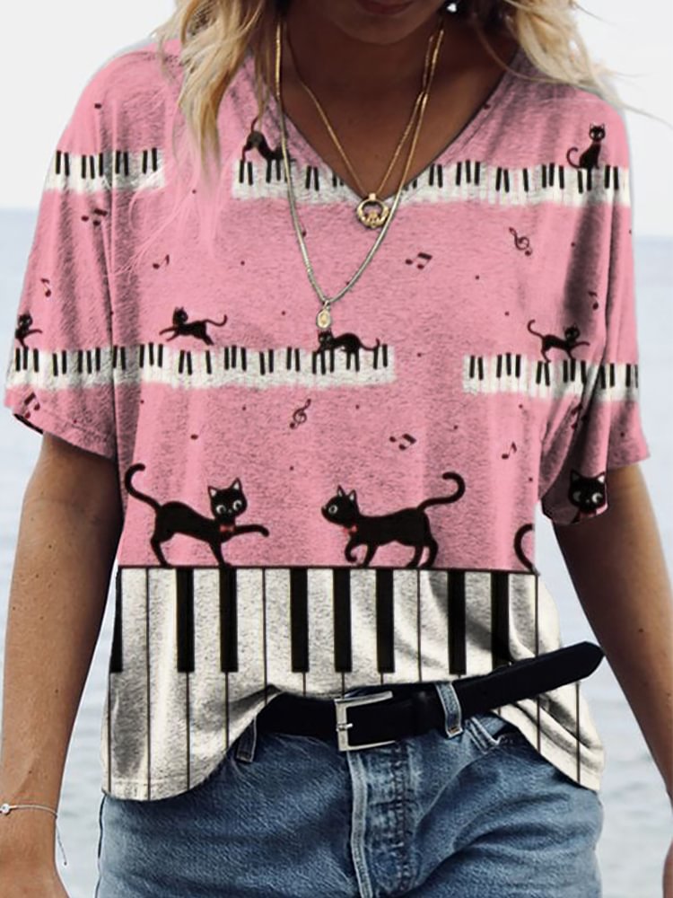 Cats On Piano V Neck T Shirt