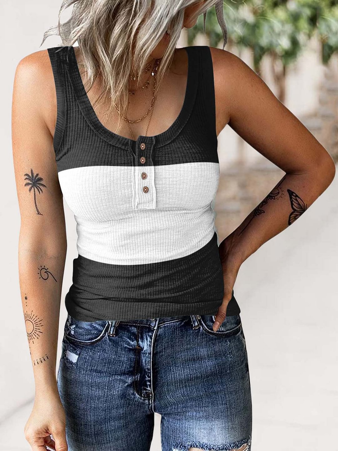 Summer Button Gradient Color Printed T-shirt Top Blouses