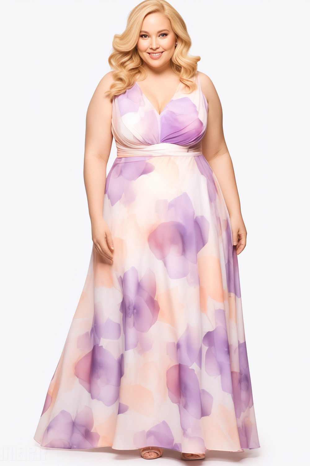 Flycurvy Plus Size Prom Purple Chiffon Floral Print Deep V Neck Maxi Dress 2024 - Flycurvy 