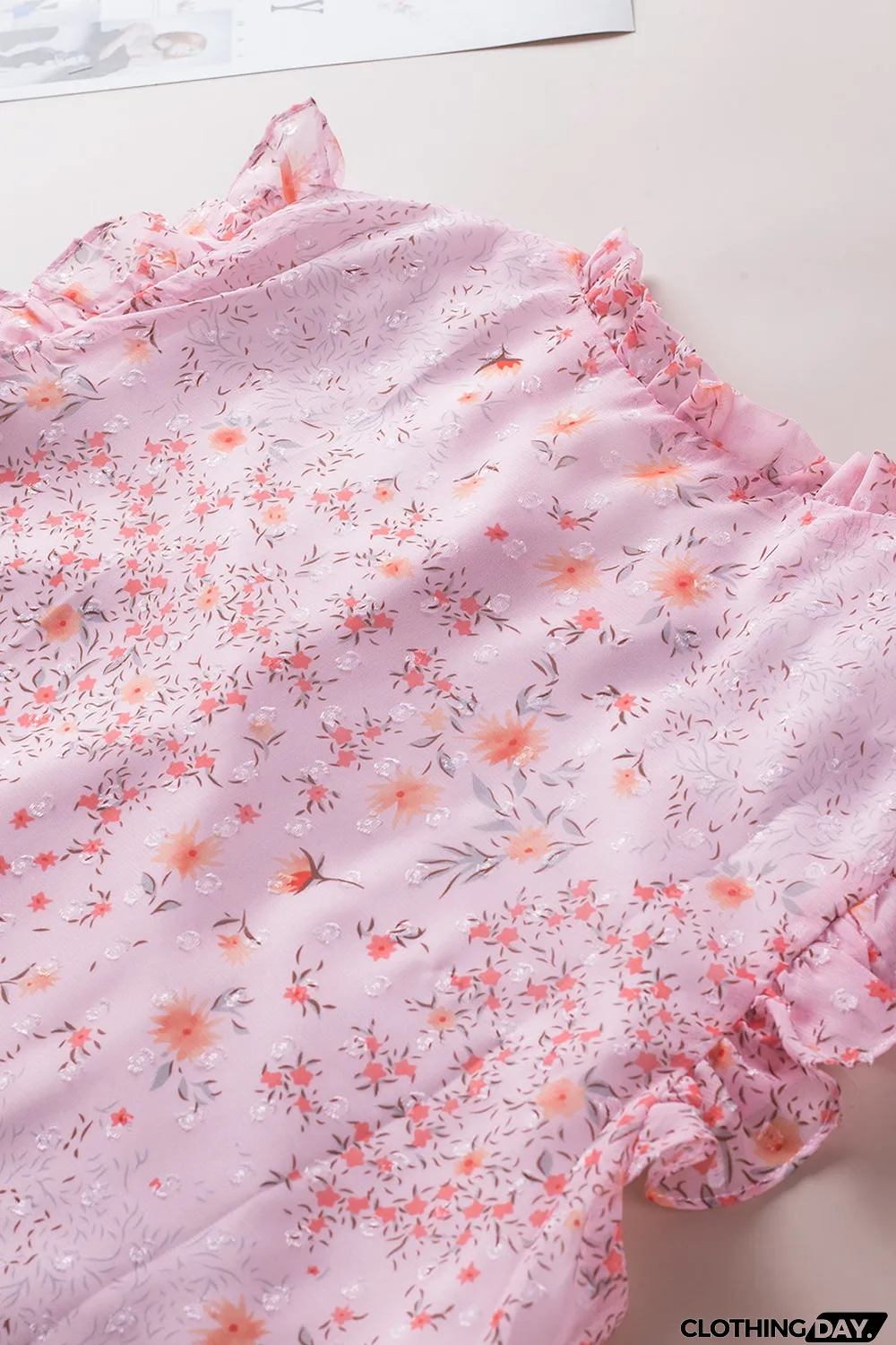 Pink Floral Print Drawstring Frill Trim Sleeveless Top