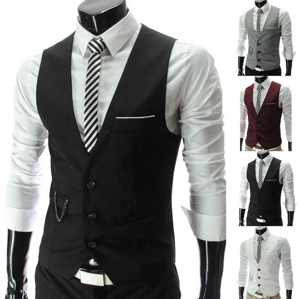 Fashion Men Suit Vest Solid Color V Neck Sleeveless Button Pocket Blazer Suit Waistcoat Formal Blazer Vest
