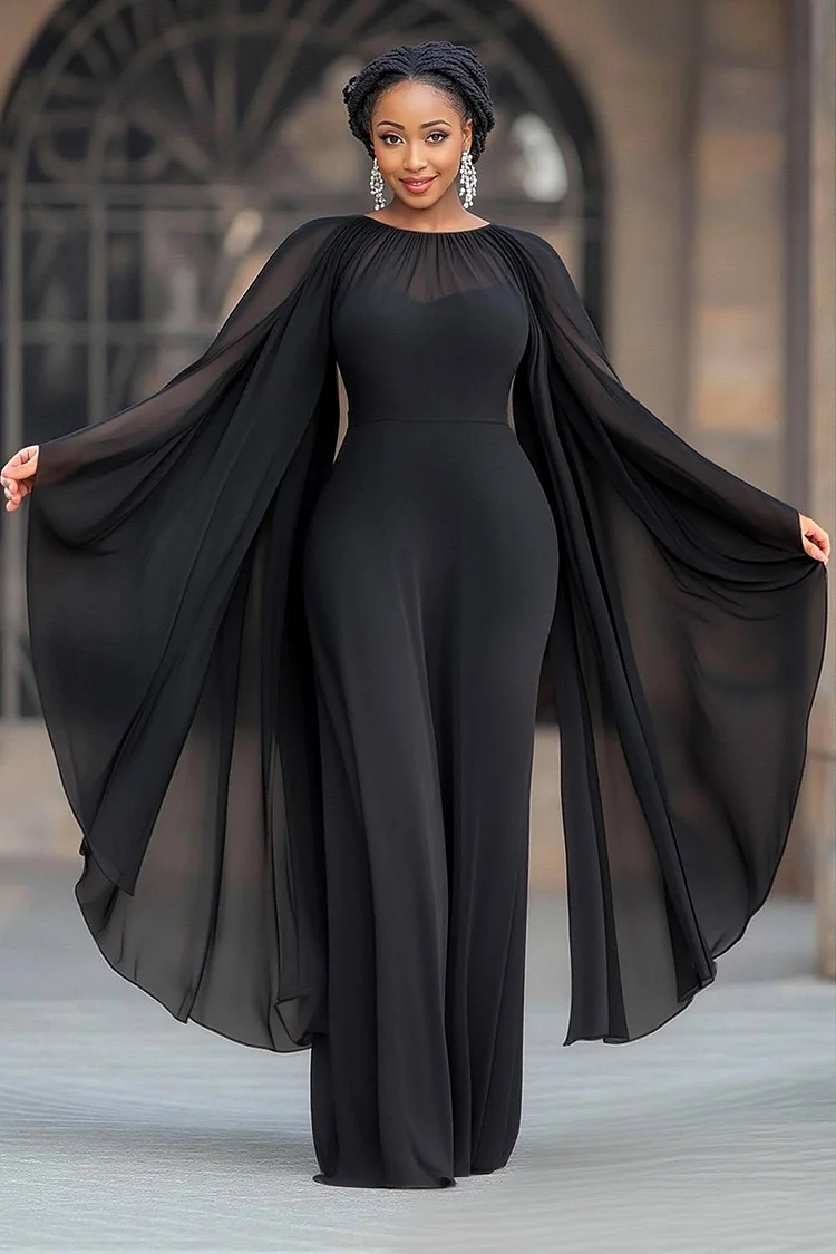 Xpluswear Design Plus Size Formal Black Round Neck Flare Pocket Vintage Chiffon Jumpsuits [Pre-Order]