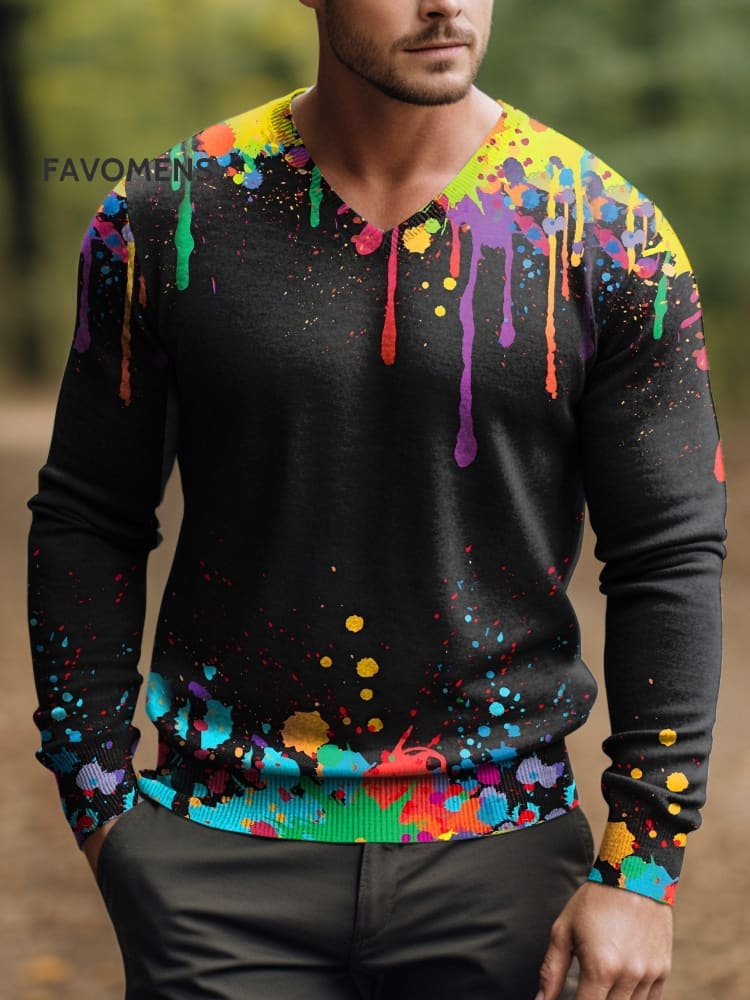 Men‘s Abstract Art Multicolor Print V-Neck Lnit Long Sleeve Sweater Black / S