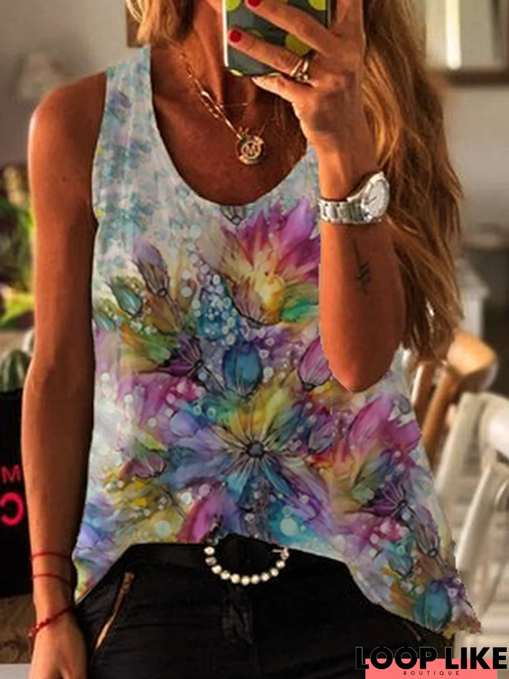 Sleeveless Scoop Neckline Floral Casual Top