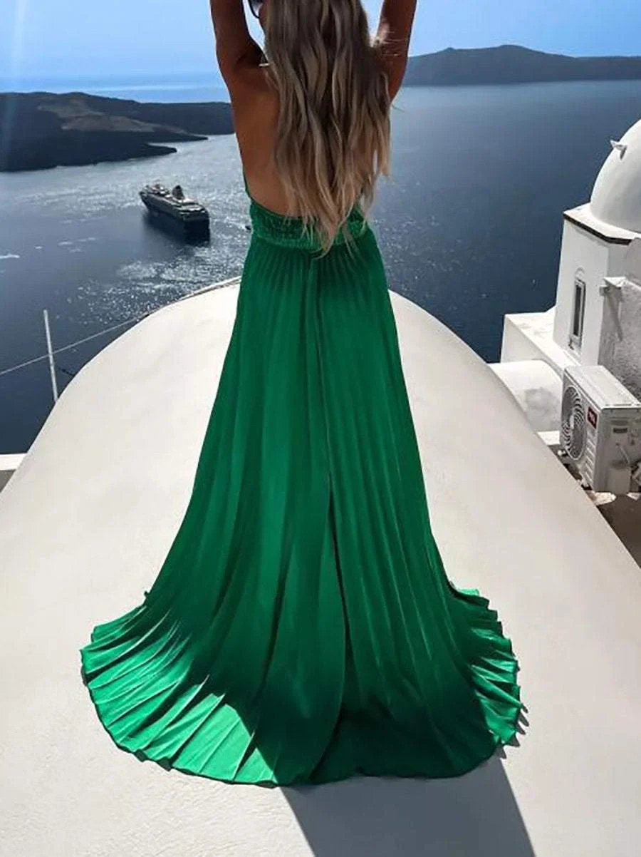 Sleeveless Cross Halter Slit Maxi Dress