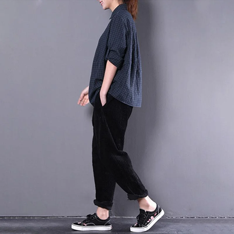 vintage cotton blended tops oversized casual women polo Collar Long sleeve green plaid shirt