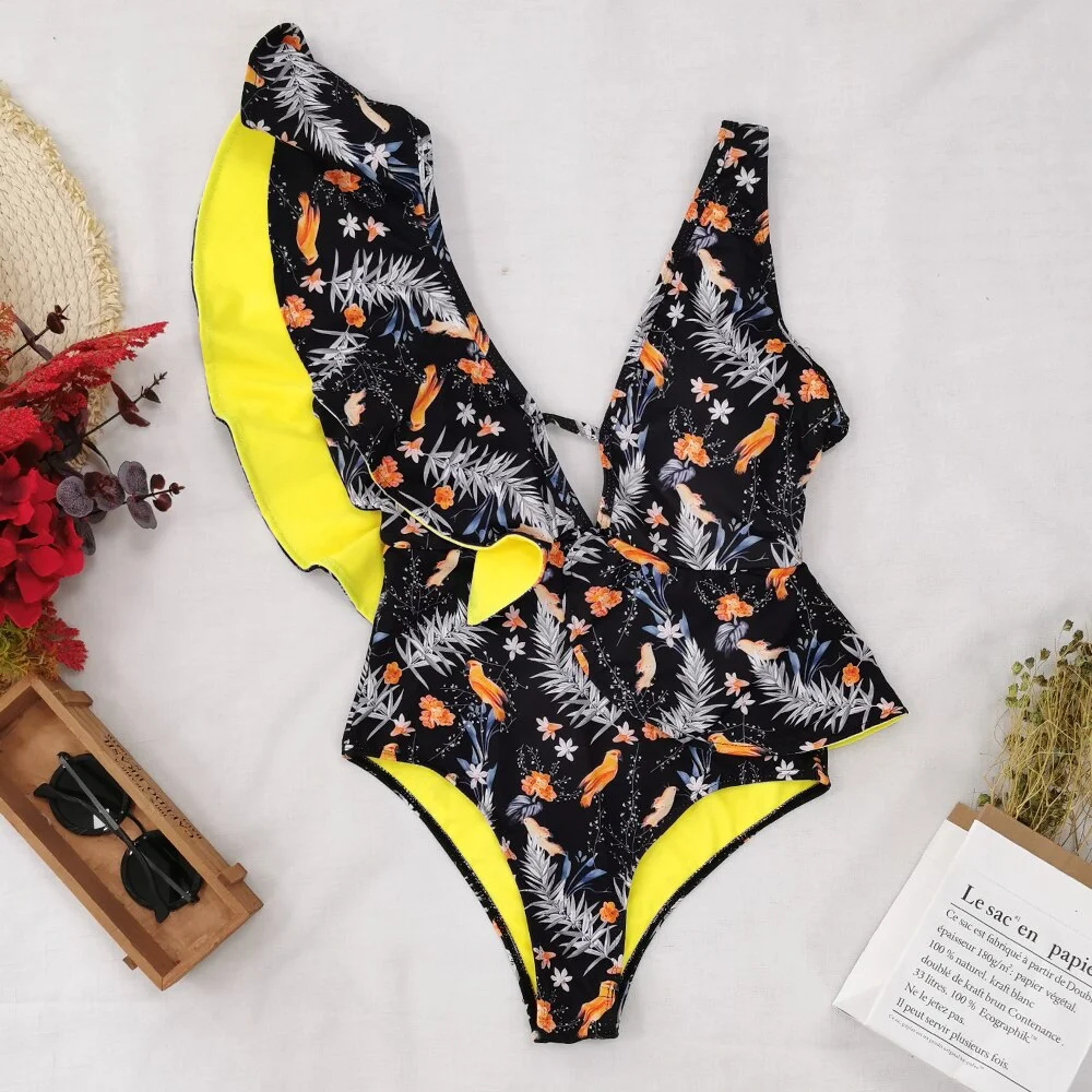 Ruffles One Piece Swimsuit Women 2021 Sexy Deep V-Neck Floral Print Bikini Swimwear Summer Backless Push Up Beach Wear Monkini