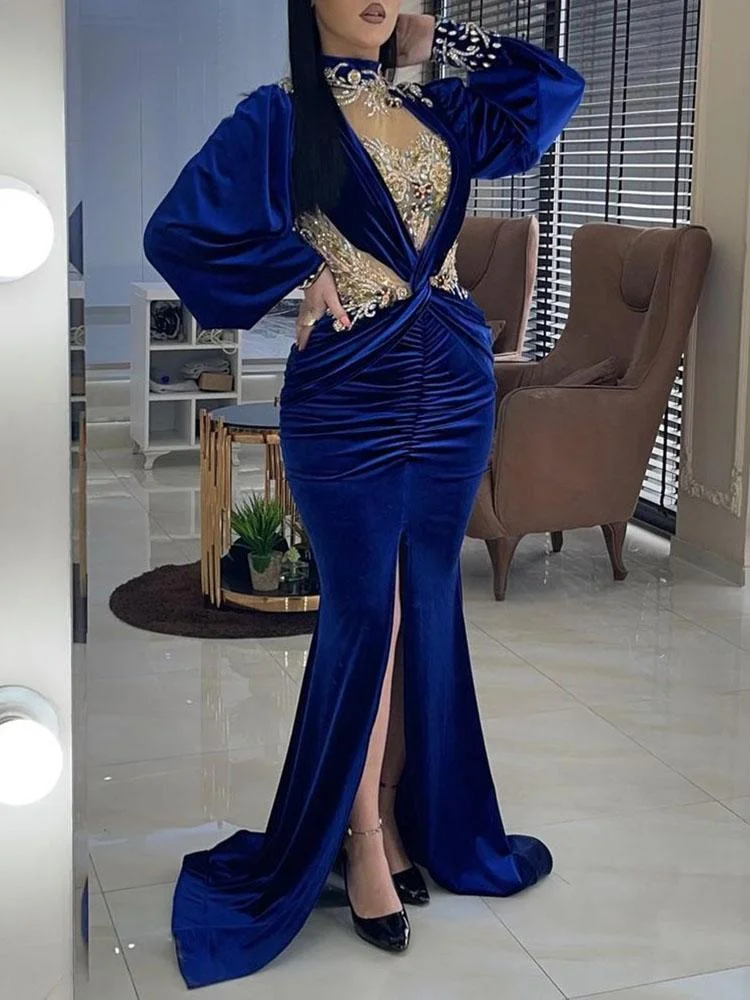 Promsstyle Promsstyle  stand-up collar hollow slit blue velvet maxi  evening dress Prom Dress 2023