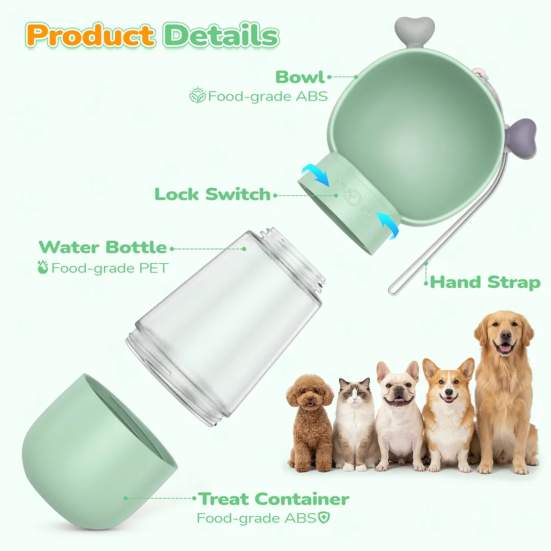 BEBANG Dog Water Bottle with Food Container, Leak-Proof Portable Pet Travel Water Cup, BPA-Free, 11.8oz/350ml Capacity for Dogs & Cats (Green)