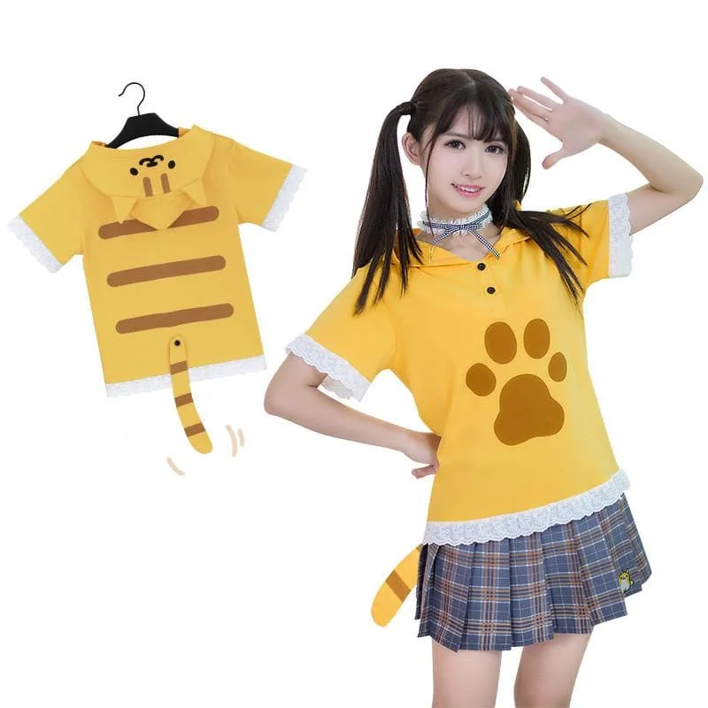 Grey/Yellow Neko Atsume Lace Hoodie Shirt SP179685
