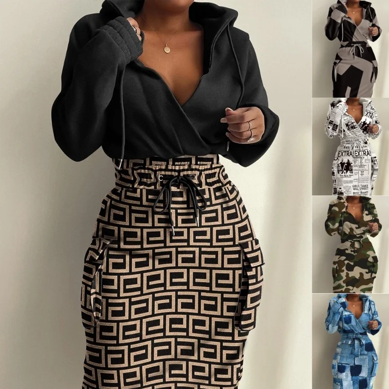 Uveng Uveng Women's Autumn And Winter New Long-Sleeved Commuting Girded V-Neck Dress