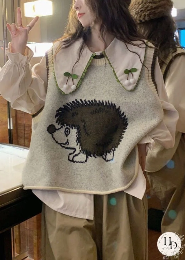 Women Grey O-Neck Animal Print Cotton Knit Waistcoat Fall