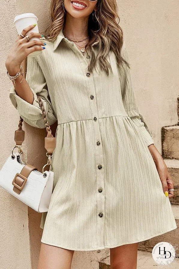 Textured Roll-Up Sleeve Button Front Dress